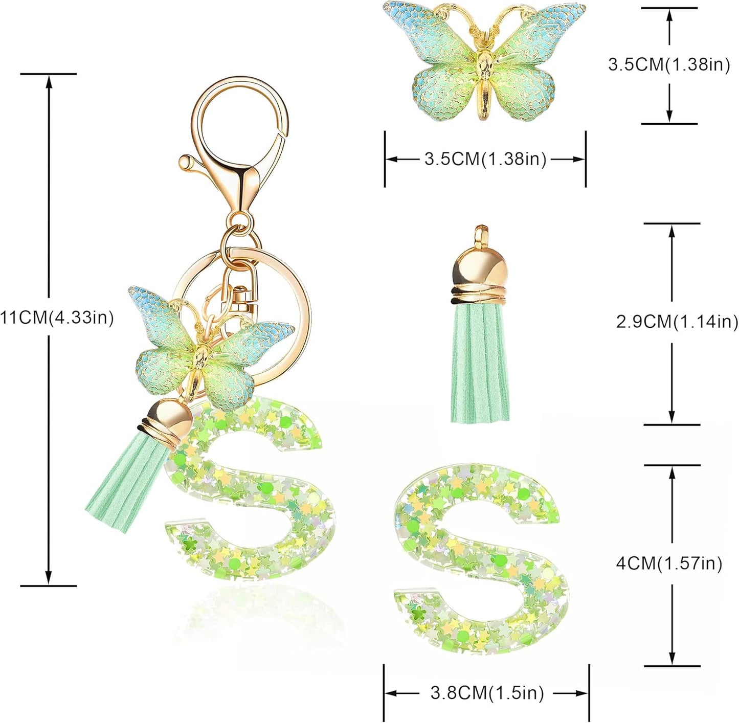 Fashion Alphabet Initial Letter Keychain Tassel Butterfly Pendant Key Ring for Purse Handbags Women Girl