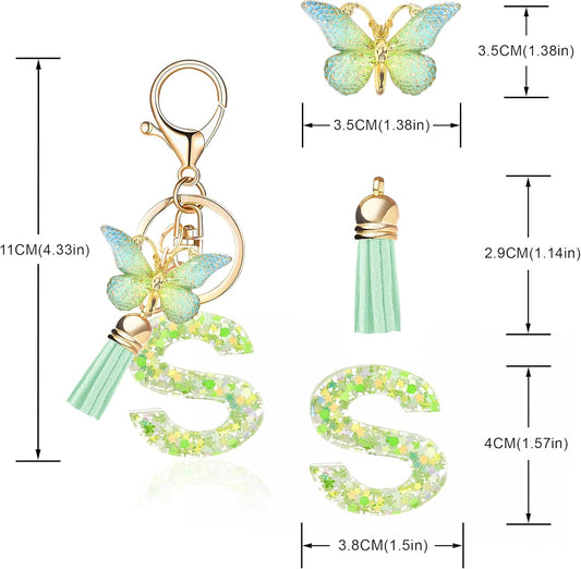 Fashion Alphabet Initial Letter Keychain Tassel Butterfly Pendant Key Ring for Purse Handbags Women Girl