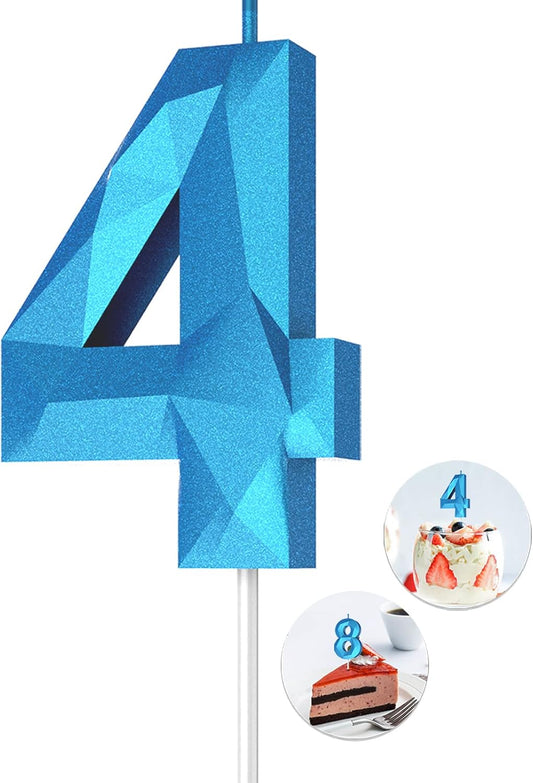 Number Birthday Candles(4 Candle Blue) 3D Diamond Shape Number Happy Birthday Cake Candles for Birthday Party Wedding Decoration Reunions Theme Party