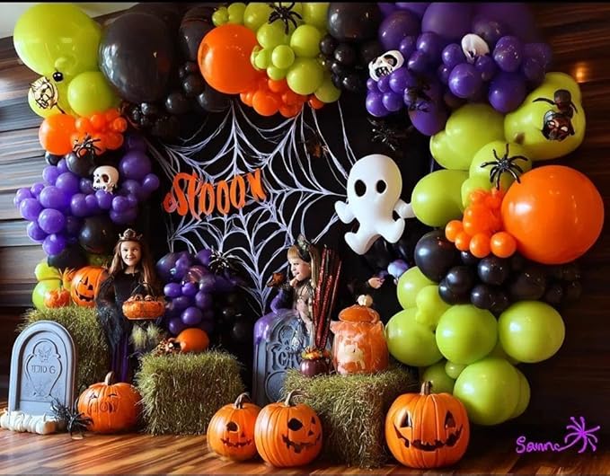 Black Purple Balloon Arch Double Stuffed Latex Orange Green Metallic Purple Black Balloon Garland for Halloween Thanksgiving Wednesday Birthday Vampire Retirement Prom Decor