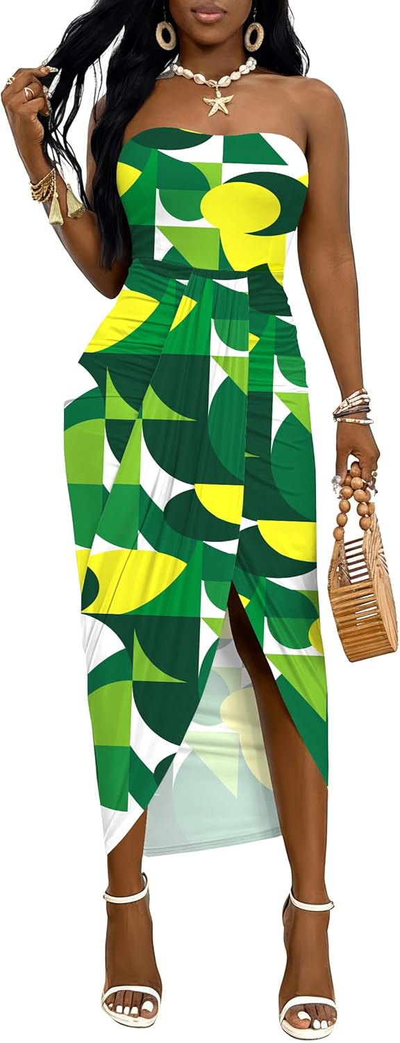 Umenlele Women's Strapless Ruched High Waist Wrap Split Asymmetrical Beach Maxi Long Dress