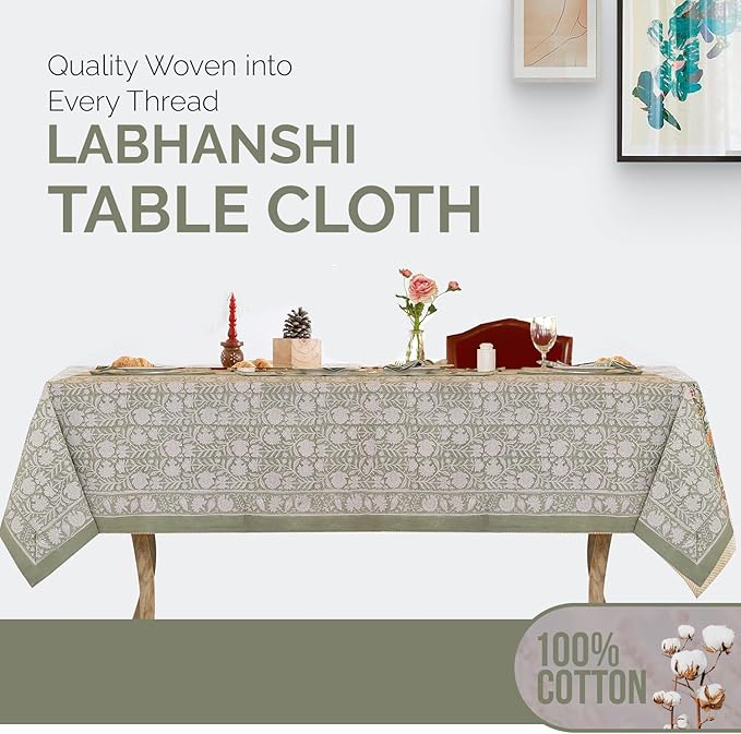 Labhanshi Indian Block Print Pre-Washed Cotton Floral 72x108 Inch Rectangle 8-Seater Table Cloth|Kitchen Dining Table Top Cover|Boho Rustic St. Patrick Spring Easter Table Cloth|Sage Green