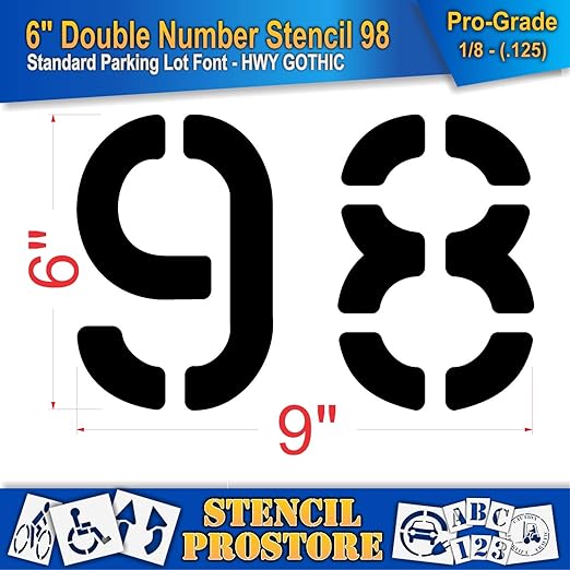 Pavement, Curb, and WheelStop Stencils - 6 inch Double Number Stencil - (98) - 6" x 9" x 1/8" (128 mil) - Pro-Grade