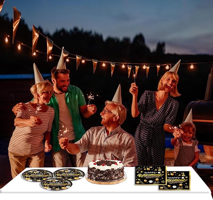 40pcs Retirement Party Tableware Set Happy Retirement Supplies Black and Golden Retirement Party Dessert Plates Napkins for 20 Guests Retirement Party Favors