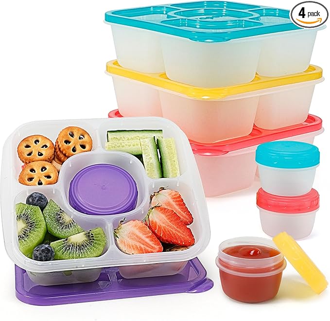 Caperci Original Bento Snack Box Containers for Kids & Adults - Lunchable Food Containers 5 Compartments with 4 Leakproof Small Containers, BPA-Free, Set of 4 (Brights)