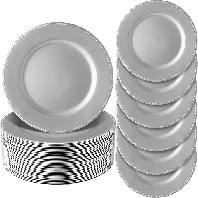 Jinei 36 Pack Silver Charger Plates 13 Inch Plastic Beaded Round Charger Plates Wedding Table Decoration Reusable Dinner Plate Tray for Birthday Party Holiday Event