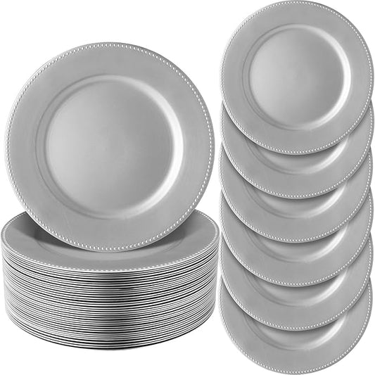 Jinei 36 Pack Silver Charger Plates 13 Inch Plastic Beaded Round Charger Plates Wedding Table Decoration Reusable Dinner Plate Tray for Birthday Party Holiday Event