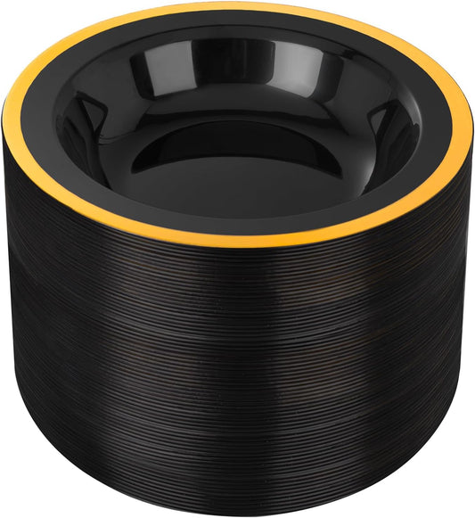 Liacere 60Pcs Black Plastic Bowls - Disposable Black and Gold Dessert Bowls - 12OZ Premium Plastic Soup Bowls for Wedding &Halloween