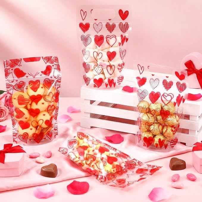Blosssound 50 Pcs Valentine's Day Gift Bags Valentines Standing Plastic Reusable Red Heart Bag with Handles Galentines Day Wrapping Pouch for Classroom Wedding Birthday Party Favor (Mixed Valentines)