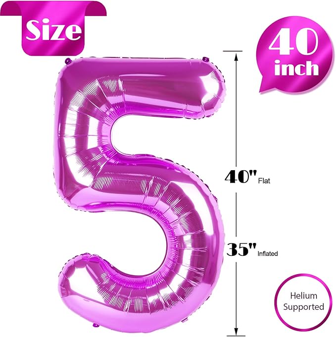 Rosy Purple 5 Balloon, Number Balloons 40 Inch, 5th Birthday Balloon Decorations, Rosy Purple Party Supplies, 5 Number Balloons, Number 5 Balloon