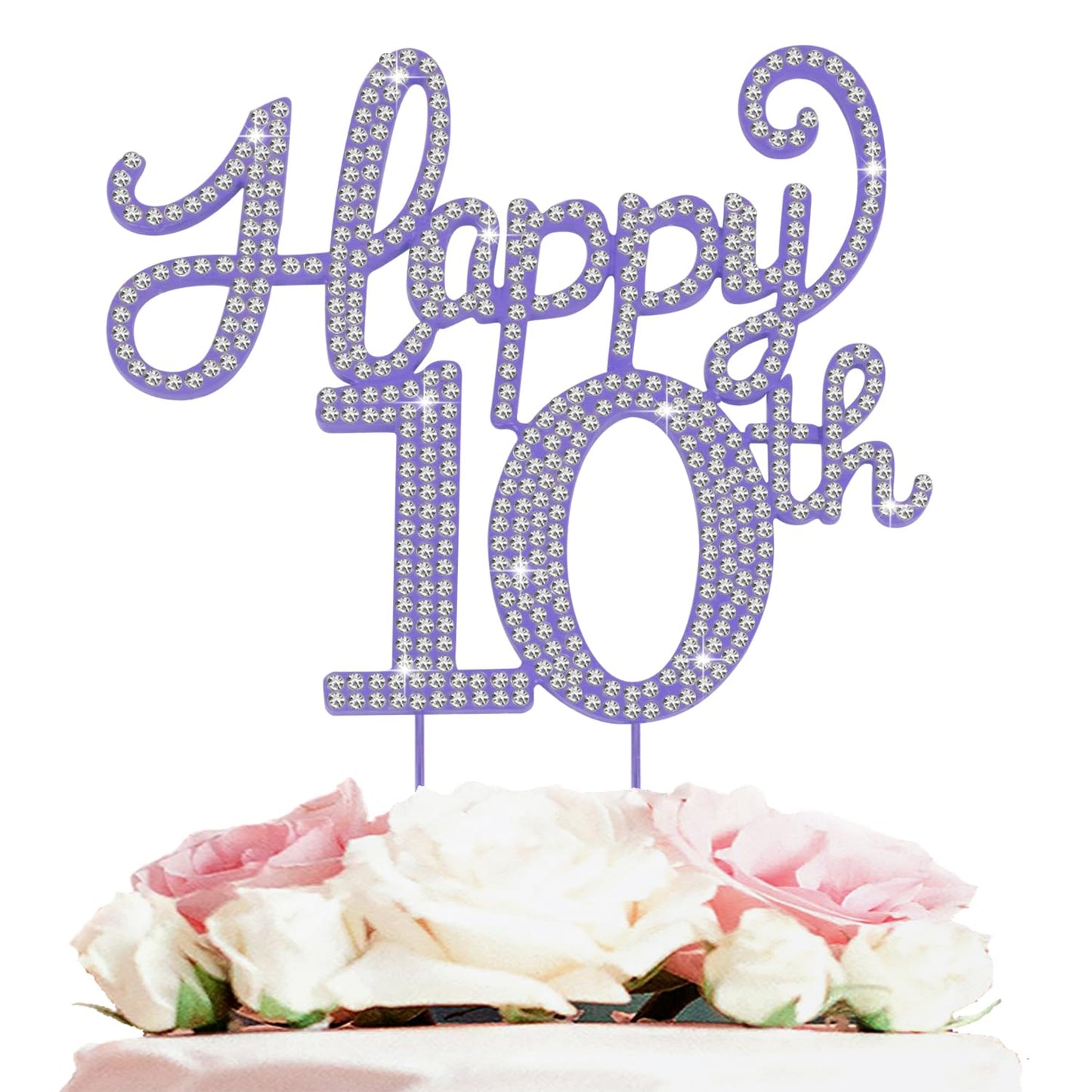 LASKYER Happy 10th Birthday Decorations,10th Birthday Purple Rhinestone Cake Topper - Cheers to Ten Years Old Bday Party Metal Sparkly Cake Centerpieces Sign.