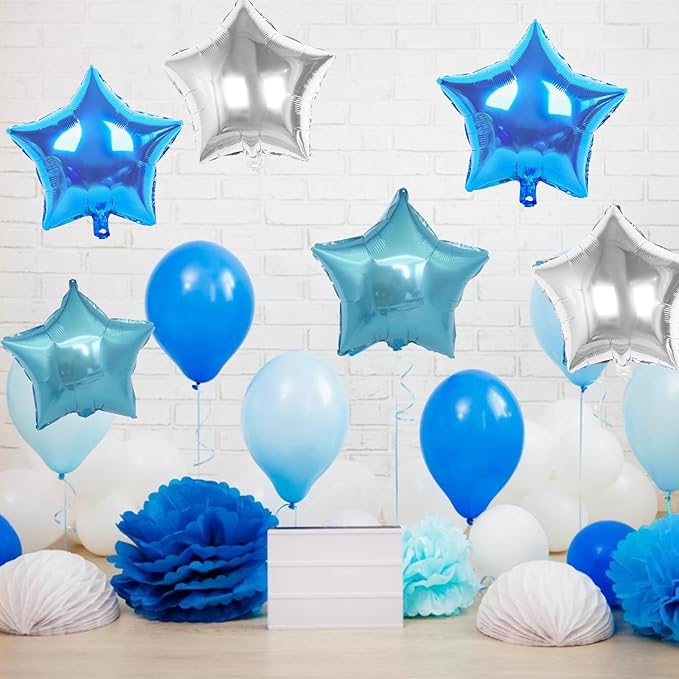 Blue Silver Star Foil Balloons, 10PCS Blue and Silver Foil Stars Shape Balloons, 18 Inch Metallic Stars Balloon for Helium Pentagram Balloon for Boys Men Birthday, Anniversary Party Decorations