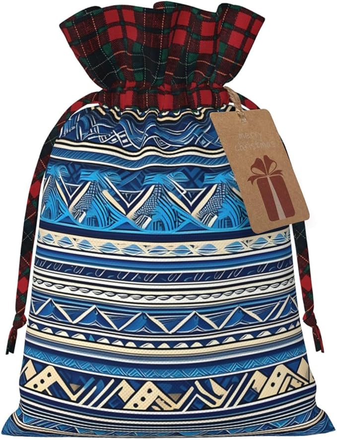 PULaif Blue Polynesian Maori Tribal Print Christmas Drawstring Gift Bags, Large Size Christmas Bags For Gifts Party Favors, Xmas Gift Bags