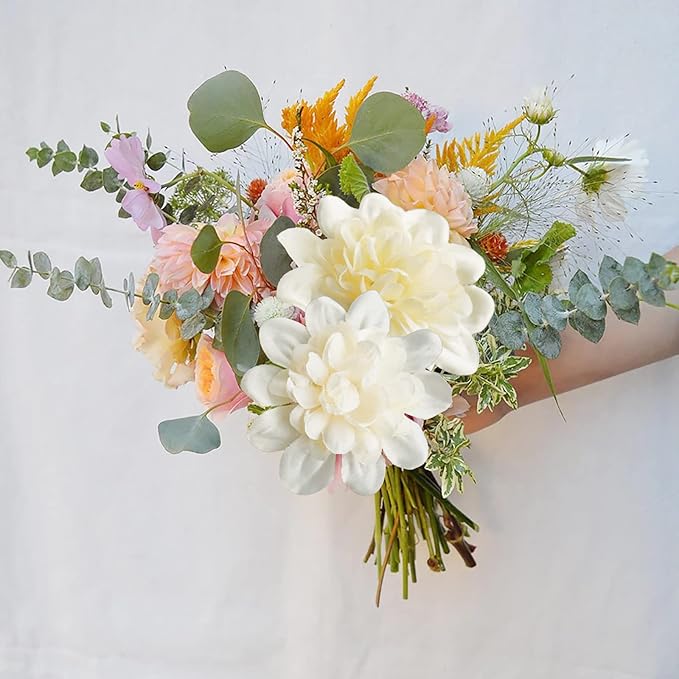 Uieke 6PCS Artificial Daisy Mums Flowers with Stem, Silk Dahlia Flowers Arrangement for Home Party Wedding Bouquet Winter Table Centerpieces Decor (White)