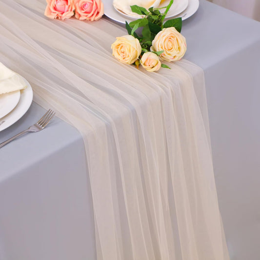 Snowkingdom Champagne Table Runner, 10 FT Sheer Tulle Cheesecloth Gauze, Boho Elegant Table Decoration for Home Party Wedding Birthday Baby Shower Christmas Holiday