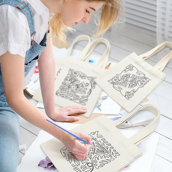 Aliceset 16 Pcs Color Your Own Bag Canvas Tote Bag for Painting 7.9'' x 8.6'' Mini Doodle DIY Craft Gift Reusable Cotton Bulk