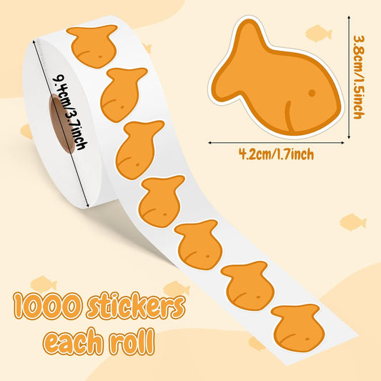 Goldfish Cracker Stickers Roll - 1000pcs Cute Fish Cookie Waterproof Vinyl Reusable Laptop Sticker Coloring Book Scrapbook Water Bottle Page Activity Pad Birthday Party Favors Kids Skateboard