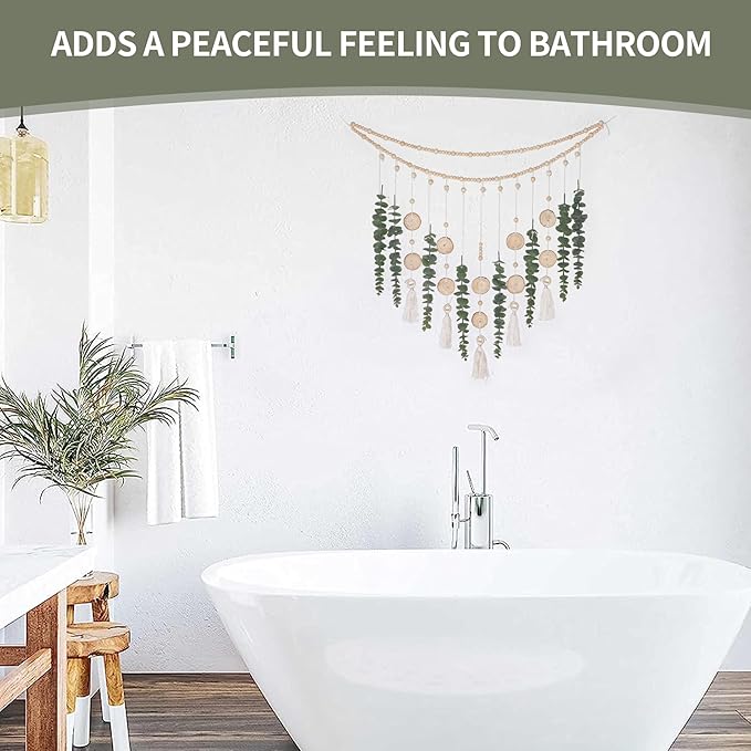 Artificial Hanging Eucalyptus Wall Decor Fake Greenery Leaves Wall Hanging Plants on Long Wooden Beads Garland Wall Art Large Boho Rustic Farmhouse Decor for Bathroom Bedroom Living Room Sage Green