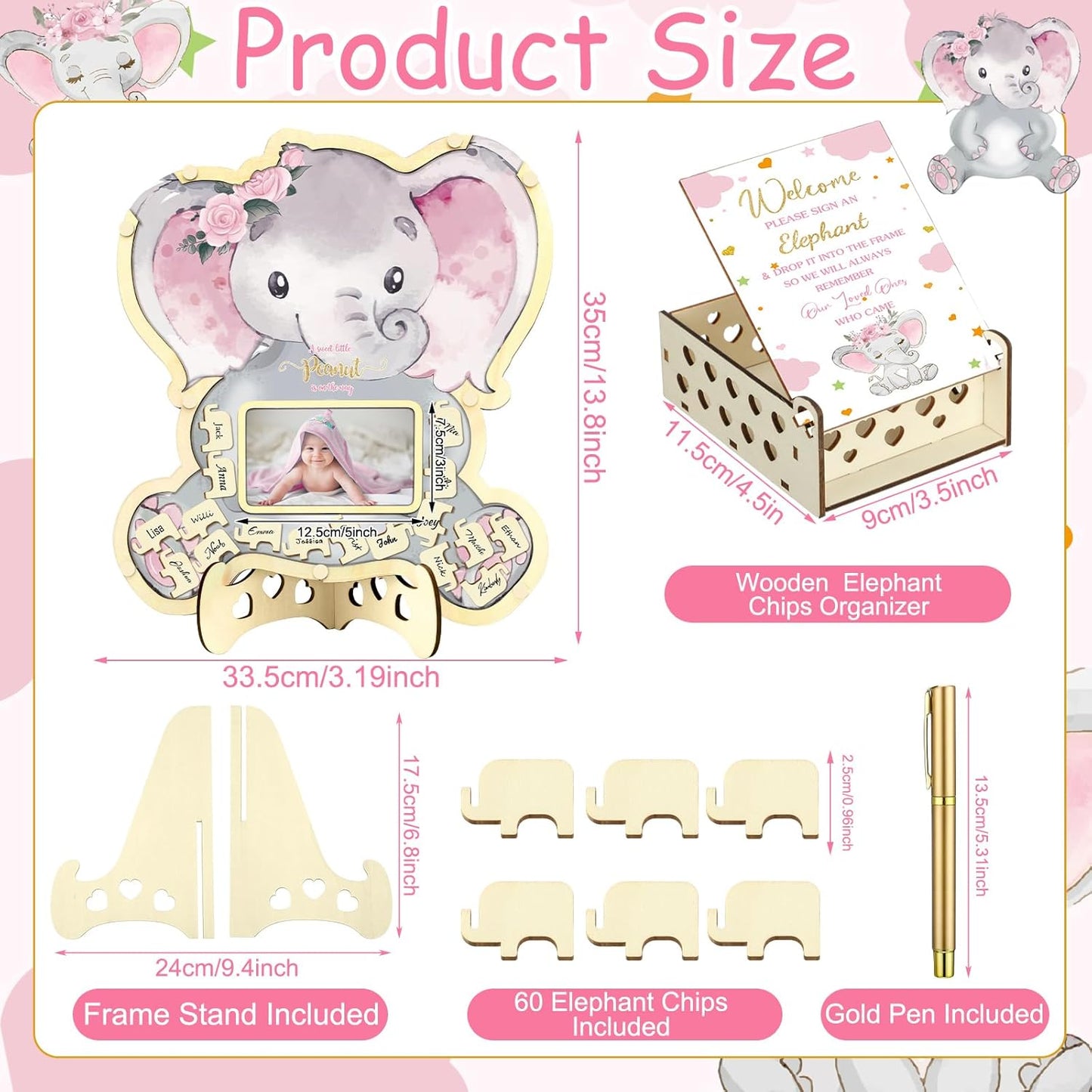Wenqik 63 Pcs Pink Elephant Baby Shower Guest Book Alternatives Set Baby Shower Decorations with Photo Frame Sonogram Frame Keepsake 60 Wood Slices Guest Book for Birthday