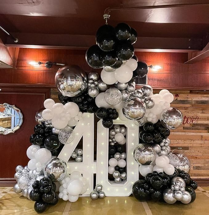 153Pcs Black and Silver White Balloon Garland Arch Kit with Stars, 22 18 12 10 5 inch Disco Ball Balloons Black White Metallic Silver Confetti Balloon for Birthday Graduation Party Decorations