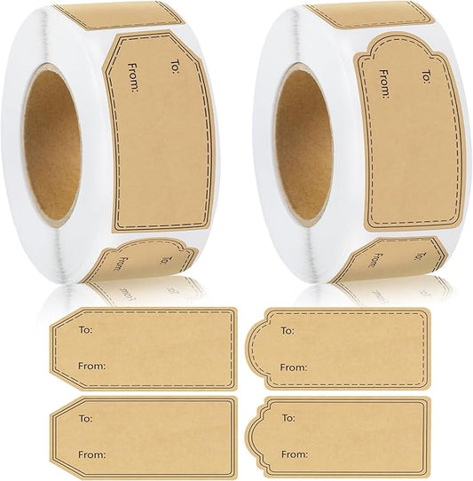 600 Pcs Gift Tag Stickers, 4 Styles Natural Kraft to and from Gift Tag Stickers 1.18"X2.36" Self Adhesive Christmas Labels Holiday Present Labels, 300 Pcs/Roll