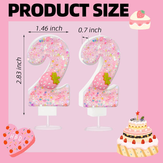 HXOUSE Strawberry Number 2 Birthday Candles - Pink Berry Birthday Candles for Cake, 2 Candle Topper for Anniversary Celebrations Supplies, Strawberry Party Decorations for Girl (No.2)