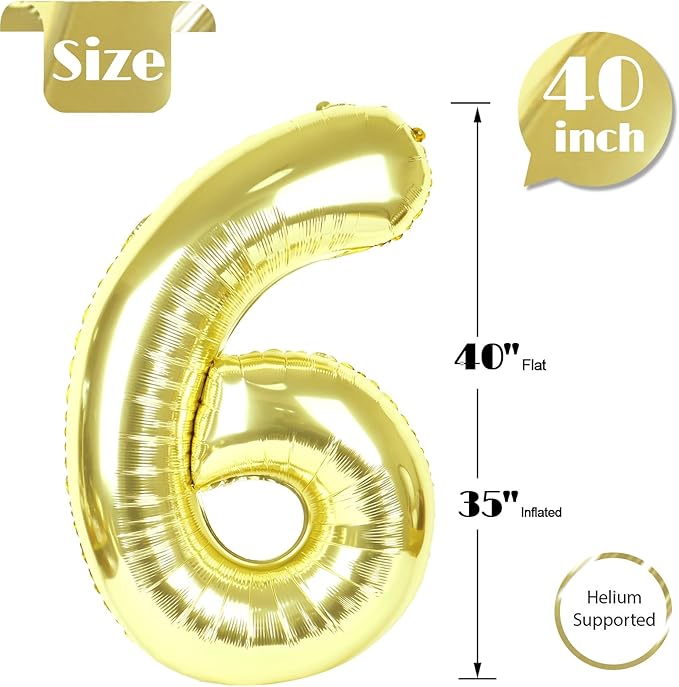 Light Gold Number 6 Balloon 40 Inch, 6th Birthday Party Decorations for Children, Giant 6 Foil Balloon for Party Supplies