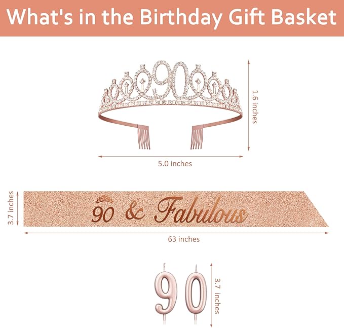 90th Birthday Decorations for Women with Rose Gold Sash, Tiara,Numbers Candles, Sincere 90th Birthday Gifts for Women
