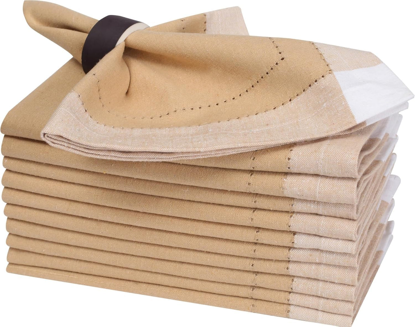 Bedding Craft Cotton Cloth Napkins Set of 12 – 20x20 Beige Multi Double Hemstitched – Machine Washable Dinner Napkins for Weddings, Easter & Special Occasions