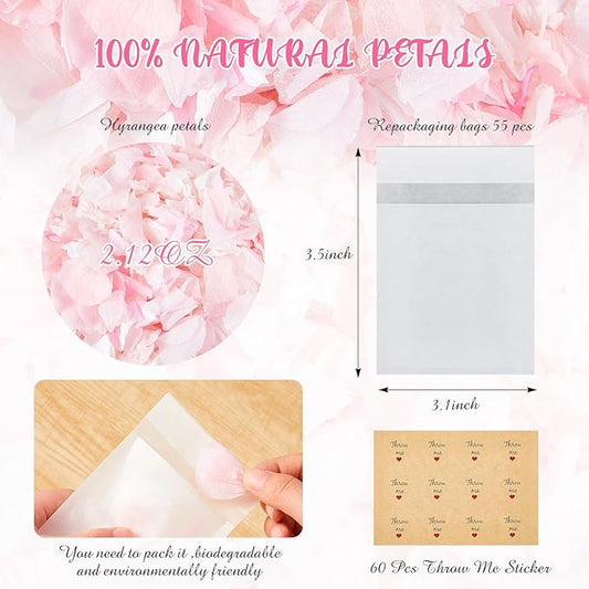 Wavwavw Biodegradable Confetti, Dried Hydrangea Flower Petals with Throw Me Stickers Wedding Confetti Biodegradable Flower Petals for Wedding Ideas Valentines Day Decor(Pink White,55 Pcs)