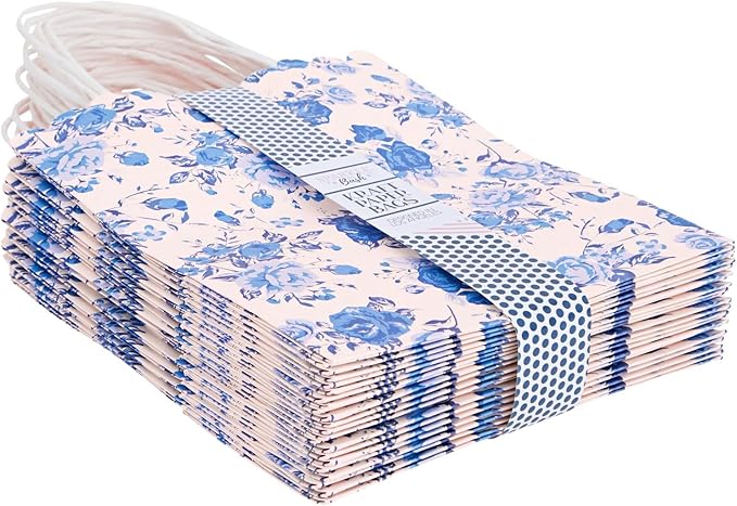 Sparkle and Bash Floral Party Favor Bags - 24-Pack, 10 x 8 x 4 In, Blue & Pink - Reusable Paper with Handles for Thank You Gift Bags at Wedding, Bridal & Baby Shower