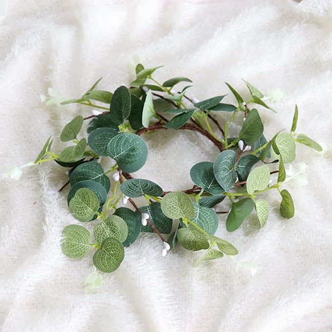 4 Pieces Pillar Candle Rings Wreaths, Artificial Eucalyptus Leaves Wreaths Greenery Candleholders, Rustic Farmhouse Decorative Wreath for Easter Christmas Wedding Party Home Table Door