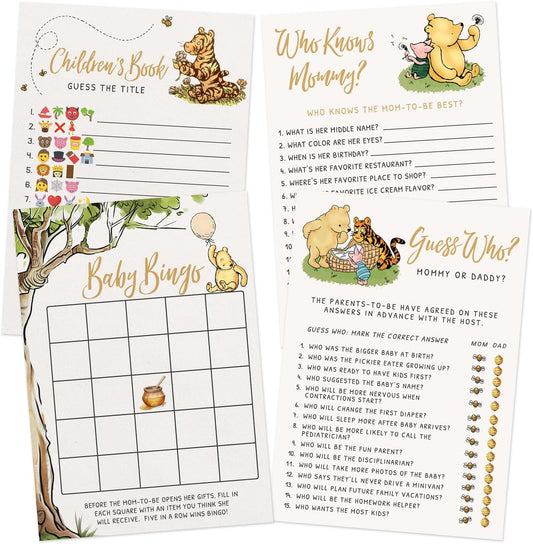 Printed Party Winnie Baby Shower Game Set – 4 Games with Classic Pooh Theme for 30 Guests, Includes Bingo, Mommy-to-be Trivia, Storybook Icon Guessing, and Guess Who, Bear Theme for Boy or Girl