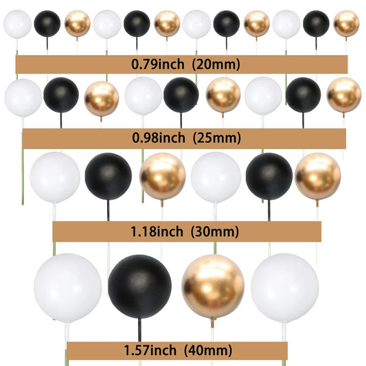 Gyufise 30Pcs Black White Gold Ball Cake Toppers Mini Balloon Cupcake Toppers DIY Foam Ball Cake Insert Decoration for Wedding Anniversary Birthday Party Supplies