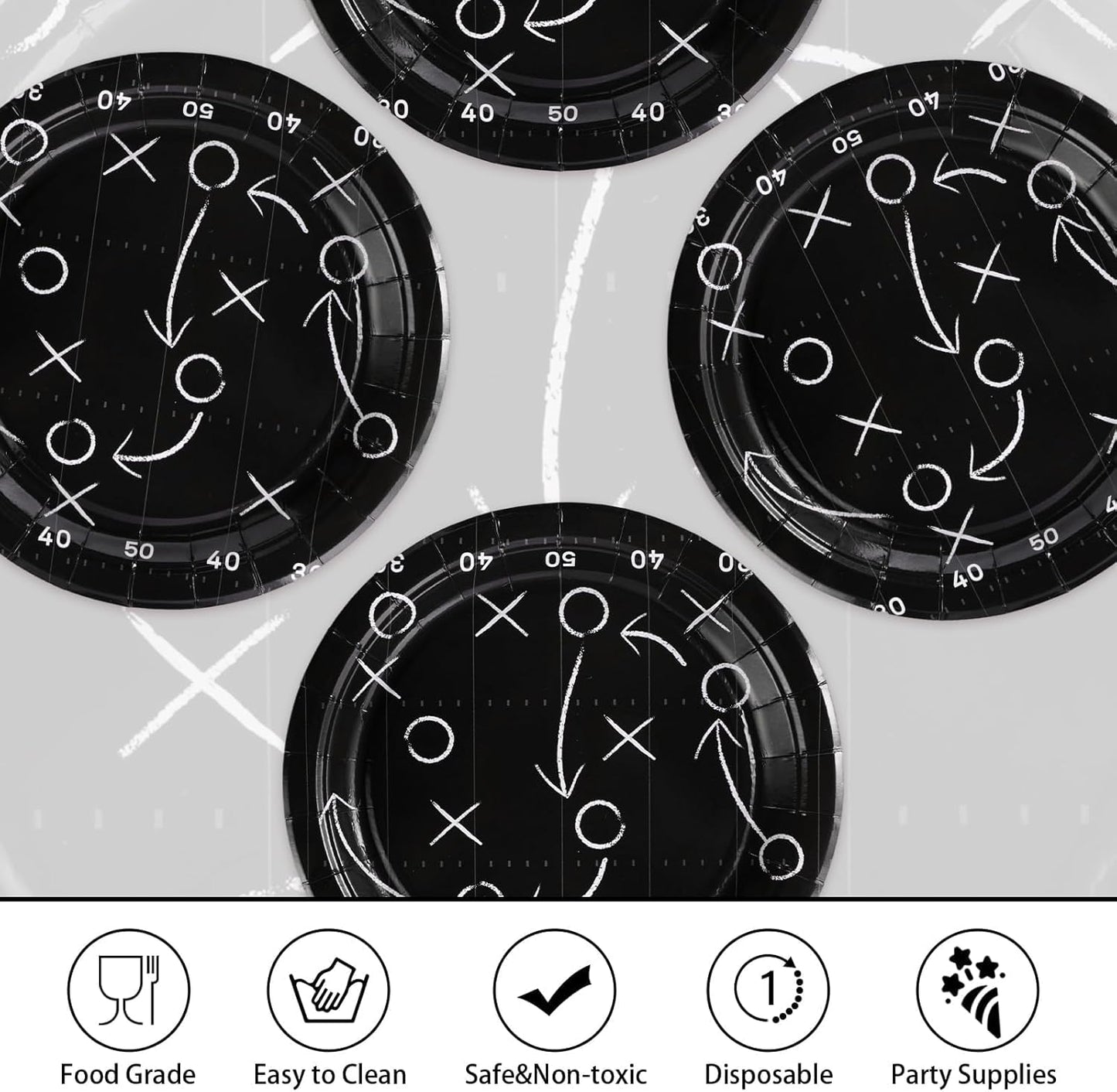 Grencian 50Pcs Black Football Party Plates 9" Heavy Duty Disposable Football Paper Plates for Sport theme Super Game Bowl Birthday Party Decorations Serve 50