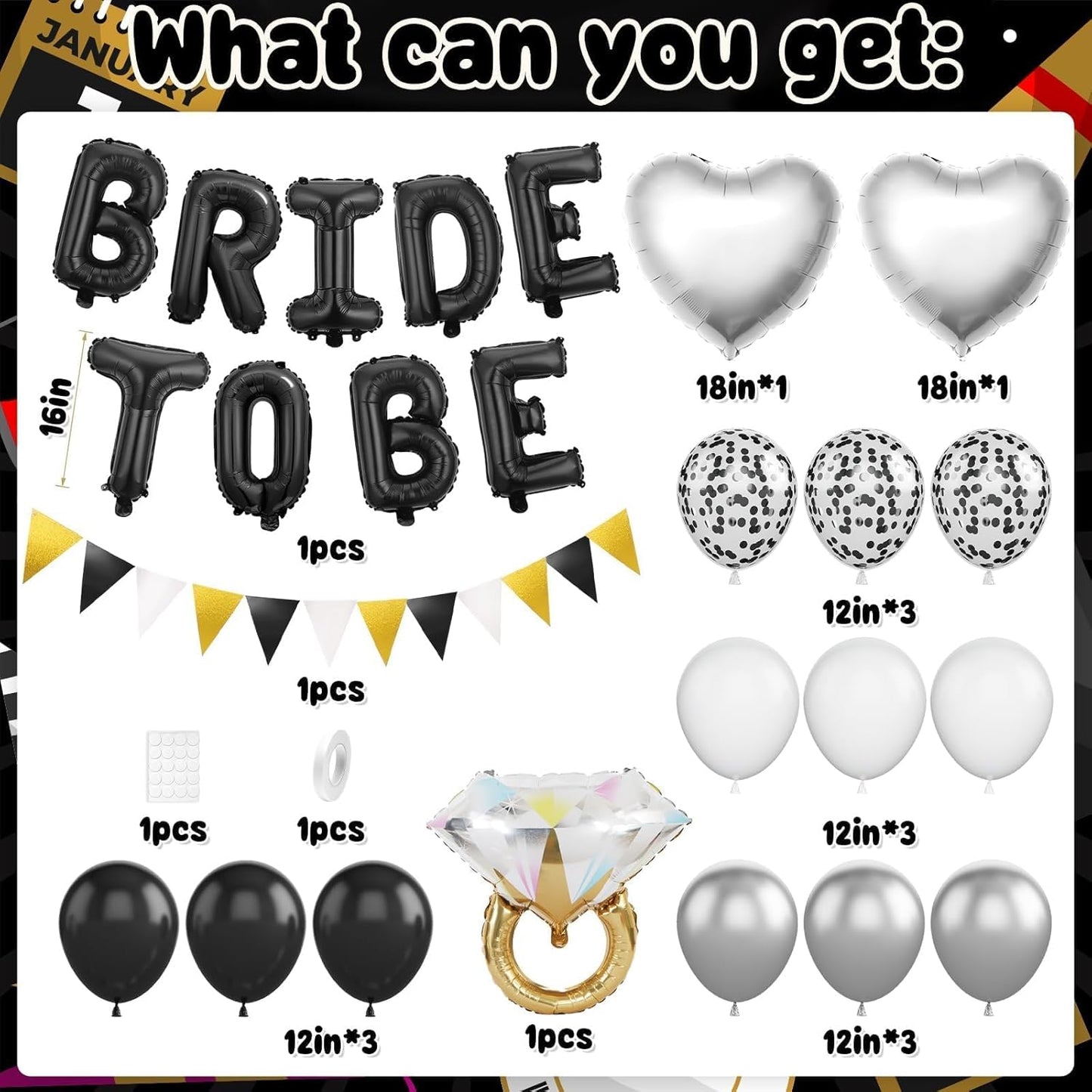 Black and Silver Bachelorette Party Decorations, Black Bride To Be Bridal Shower Decorations, Black White Silver Balloons and Diamond Ring Silver Heart Balloons for Bachelorette Engagement Wedding