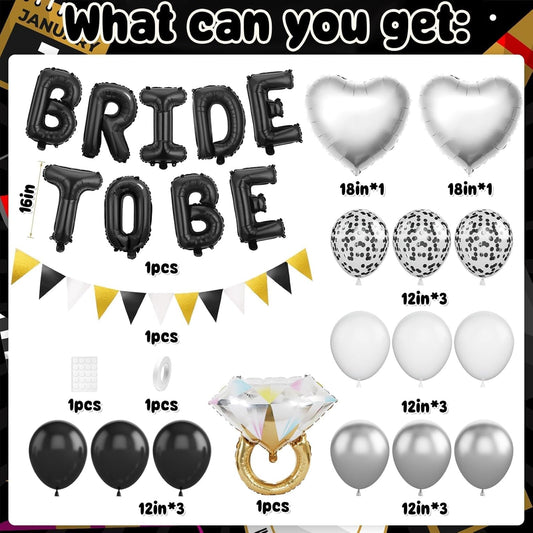 Black and Silver Bachelorette Party Decorations, Black Bride To Be Bridal Shower Decorations, Black White Silver Balloons and Diamond Ring Silver Heart Balloons for Bachelorette Engagement Wedding