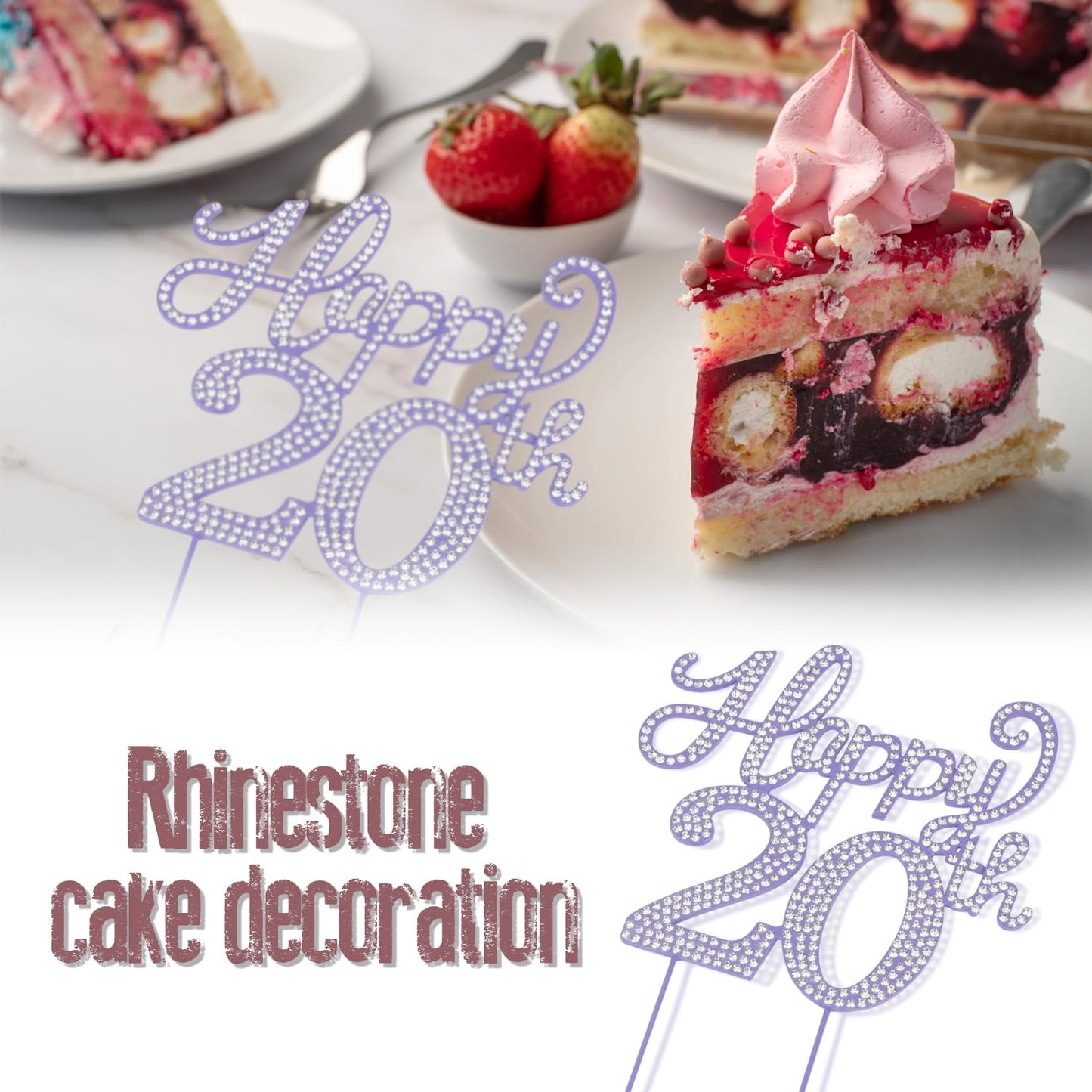 LASKYER Happy 20th Birthday Decorations,20th Birthday Purple Rhinestone Cake Topper - Cheers to Twenty Years Old Bday Party Metal Sparkly Cake Centerpieces Sign.