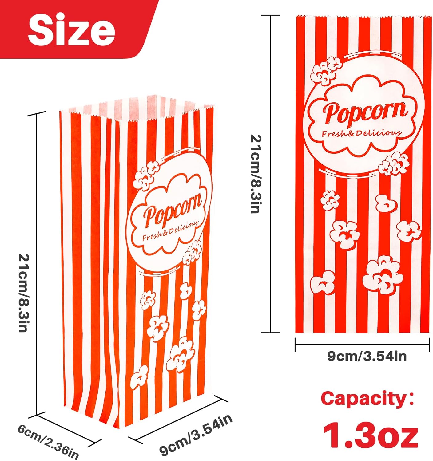 MAQIHAN 100 Popcorn Bags Flat Bottom - Paper Popcorn Food Bags Individual Servings Party Pop Corn Sleeves Bulk Carnival Halloween Snack Pack Gift Favor Treat bolsas para palomitas Movie Night Supplies