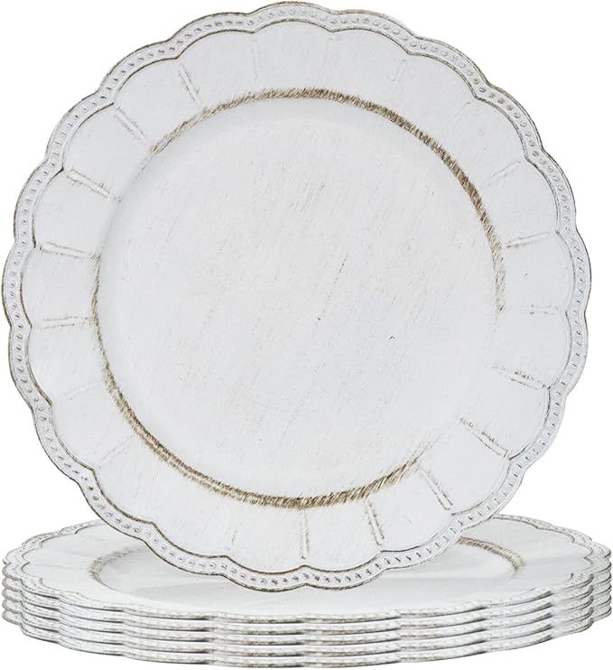 MAONAME Antique White Plate Chargers, 13" Round with Beaded Rim, Dinner Plates, Plastic for Party, Wedding