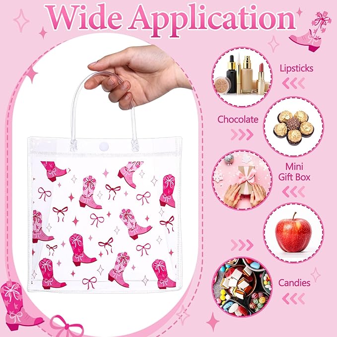 Kacctyen 24 Pcs Cowgirl Gift Bags for Party Favor Clear Cowgirl Goodie Bags with Handle 7.87 x 7.87 x 3.15 Return Gift Wrap Totes for Guests Treat Candy Wrapping