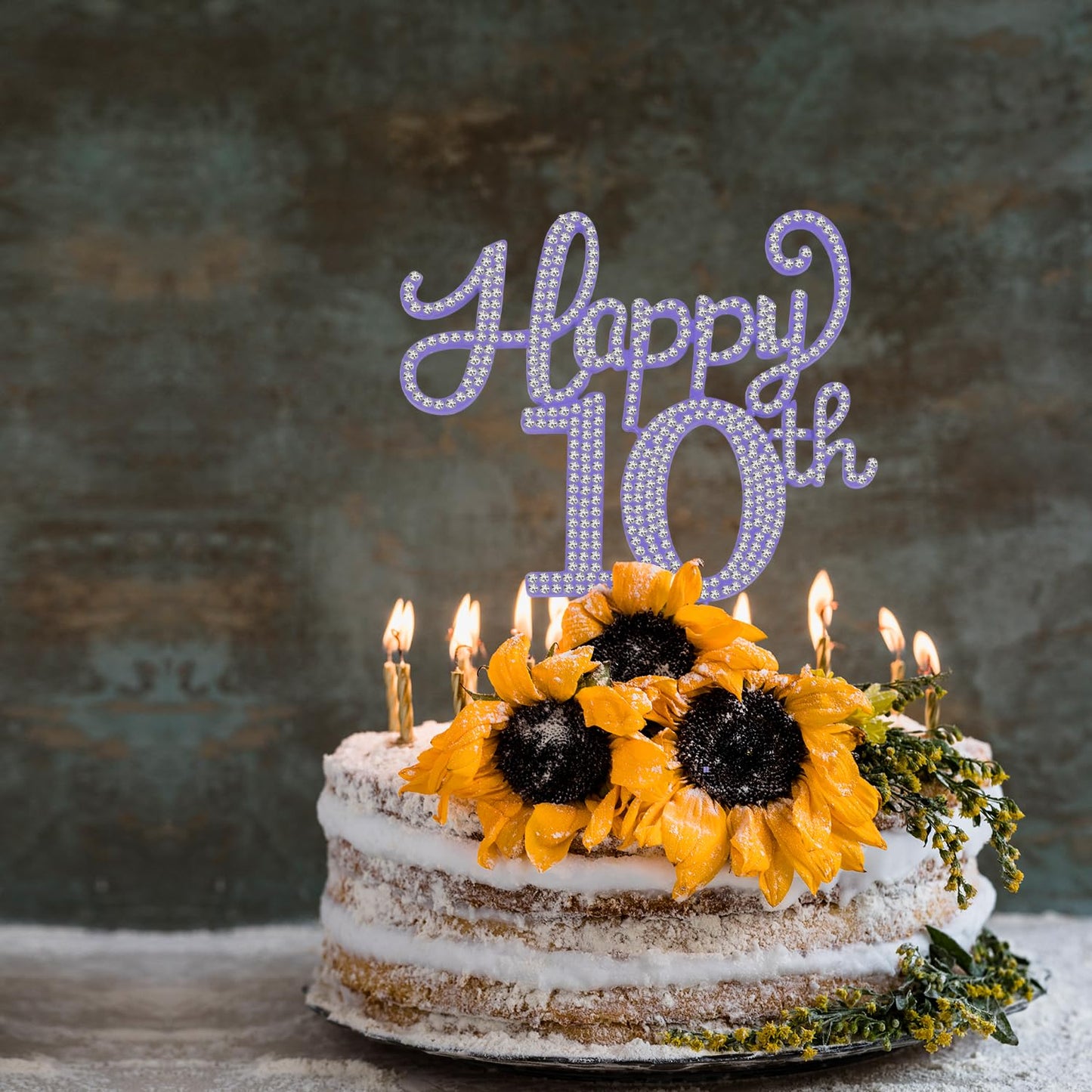 LASKYER Happy 10th Birthday Decorations,10th Birthday Purple Rhinestone Cake Topper - Cheers to Ten Years Old Bday Party Metal Sparkly Cake Centerpieces Sign.