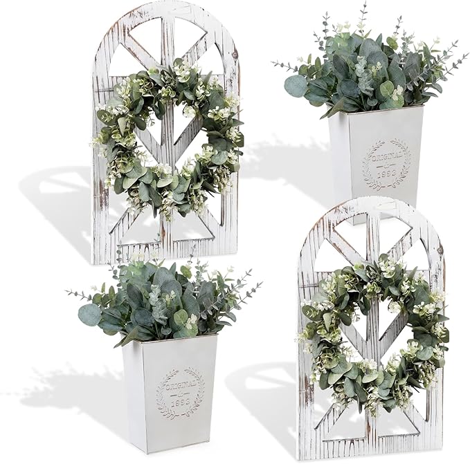 4 Sets 67 Pcs Farmhouse Wall Decor Set Rustic Window Frame Wall Decor with Eucalyptus Wreath and Metal Walls Planters Vintage Farmhouse Walls Art for Living Room Entryway(Arched)