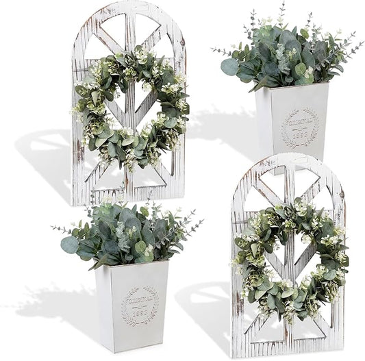 4 Sets 67 Pcs Farmhouse Wall Decor Set Rustic Window Frame Wall Decor with Eucalyptus Wreath and Metal Walls Planters Vintage Farmhouse Walls Art for Living Room Entryway(Arched)
