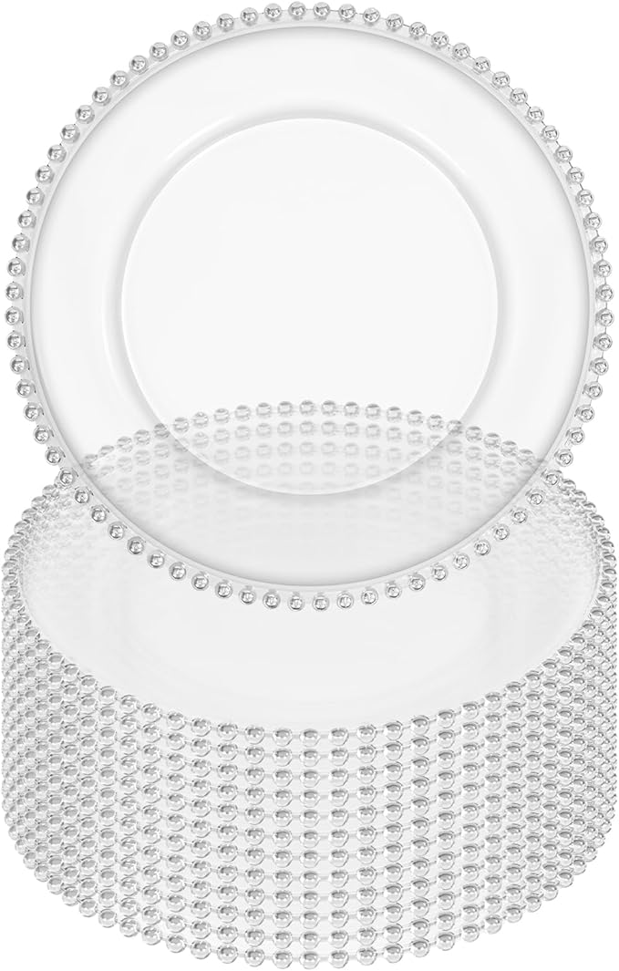 12 Pack Clear Charger Plates Bulk Wedding, 13 Inch Plastic Round Dinner Chargers with Silver Beaded Rim, Acrylic Round Decorative Plates for Wedding Party Home and Tabletop Decor (Silver)