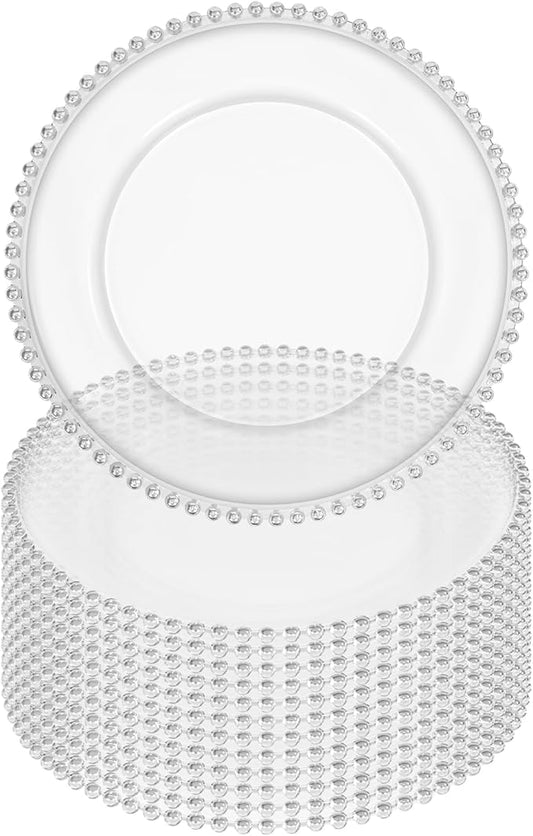 12 Pack Clear Charger Plates Bulk Wedding, 13 Inch Plastic Round Dinner Chargers with Silver Beaded Rim, Acrylic Round Decorative Plates for Wedding Party Home and Tabletop Decor (Silver)