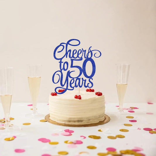 Cheers to 50 Years Cake Topper - Royal Blue Glitter 50th Birthday Cake Decorating Supplies, Perfect for 50th Anniversary or Fifty Birthday Party, Photo Booth Props