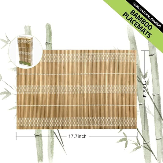 ANDSTAR Bamboo Placemats Set of 8, 17.7x11.8 Inch Brown with White Thread - Non-Slip & Heat Resistant, Easy Clean Woven Table Mats for Dining Room, Kitchen or Home Decor