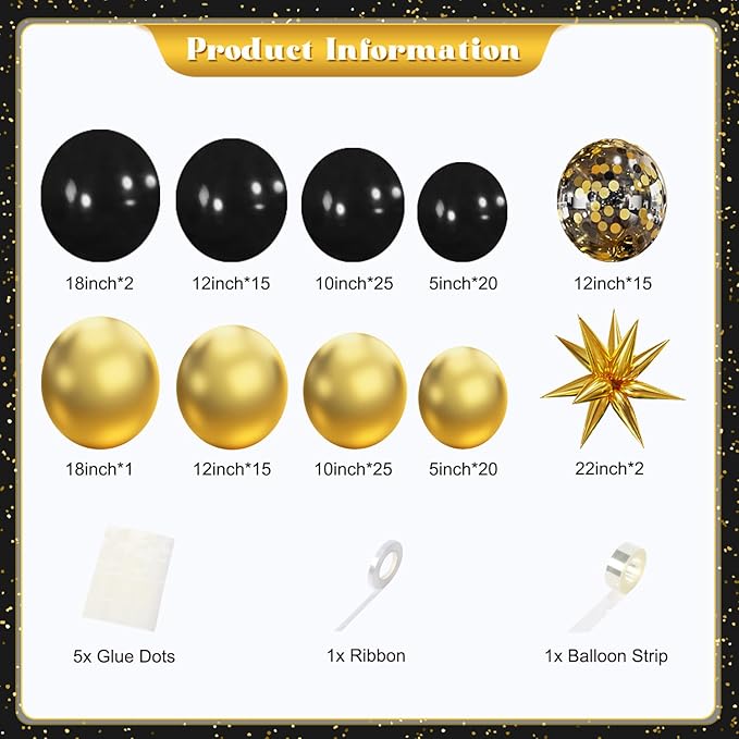 Black and Gold Balloon Garland Arch Kit, 140Pcs Black Gold Confetti Balloons with Stars for Birthday Graduation New Year Retirement Anniversary Wedding Engagement Party Decorations