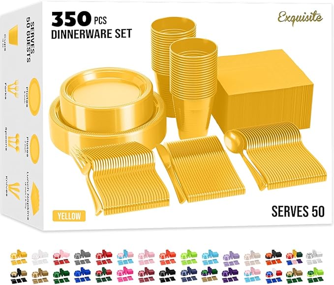 350 Pcs Yellow Plastic Plates For Party, Yellow Disposable Plates Set, 50 Of Each 9" Dinner Plate Set, 7" Dessert Plate, Cups, Napkins & Cutlery Plastic Dinnerware Exquisite